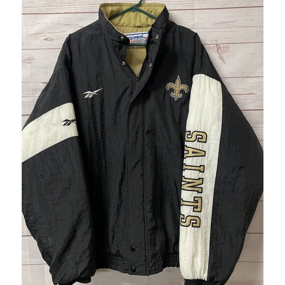 Vintage Reebok Pro-Line New Orleans Saints Puffer Jacket Black Gold NFL Mens XL